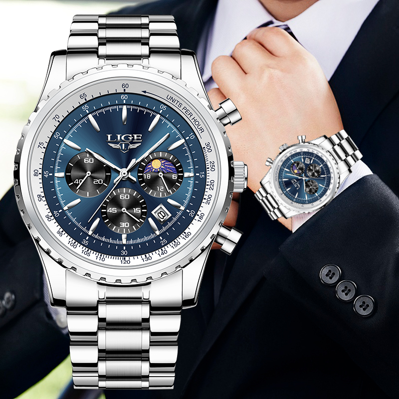 Luxury Watch Magazine - LIGE 남성용 럭셔리 쿼츠 시계, 문페이즈