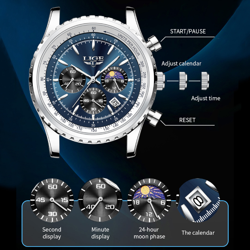 LIGE 남성용 럭셔리 쿼츠 시계, 문페이즈 스테인리스 - Luxury Watch Magazine 리뷰 및 가격